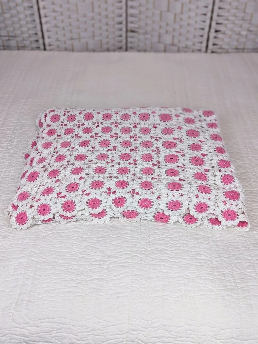 Boho Cottagecore Crochet Quilt ~ Bright Pink/White ~ Hand Crocheted Cotton